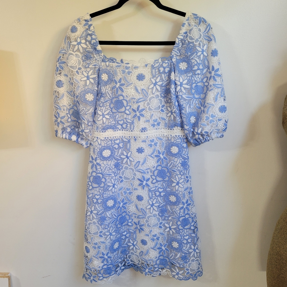 Shoshanna Airana White And Blue Lace Puff Sleeve Mini Dress Size 0 - Picture 7 of 7